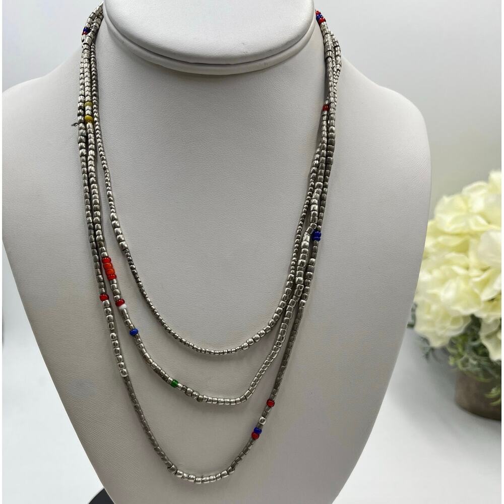 Vintage Sterling Silver Long Strand Beaded‎ Colorful Glass Seed Beads Necklace